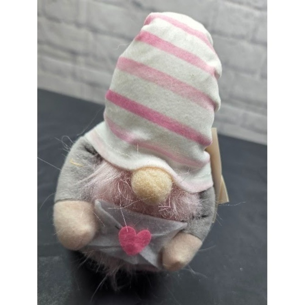 GiftCraft Plush Gnome Pink Grey Love Letter Heart 8" Striped Hat